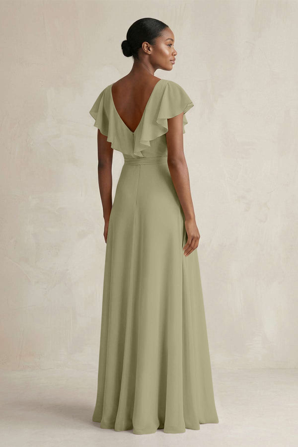 A-Line V-Neck Ruffled Sleeve Chiffon Bridesmaid Dress in Thyme - SHE IS ME BRIDESMAID DRESSES