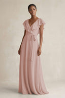 A-Line V-Neck Ruffled Sleeve Chiffon Bridesmaid Dress in Toffee - SHE IS ME BRIDESMAID DRESSES