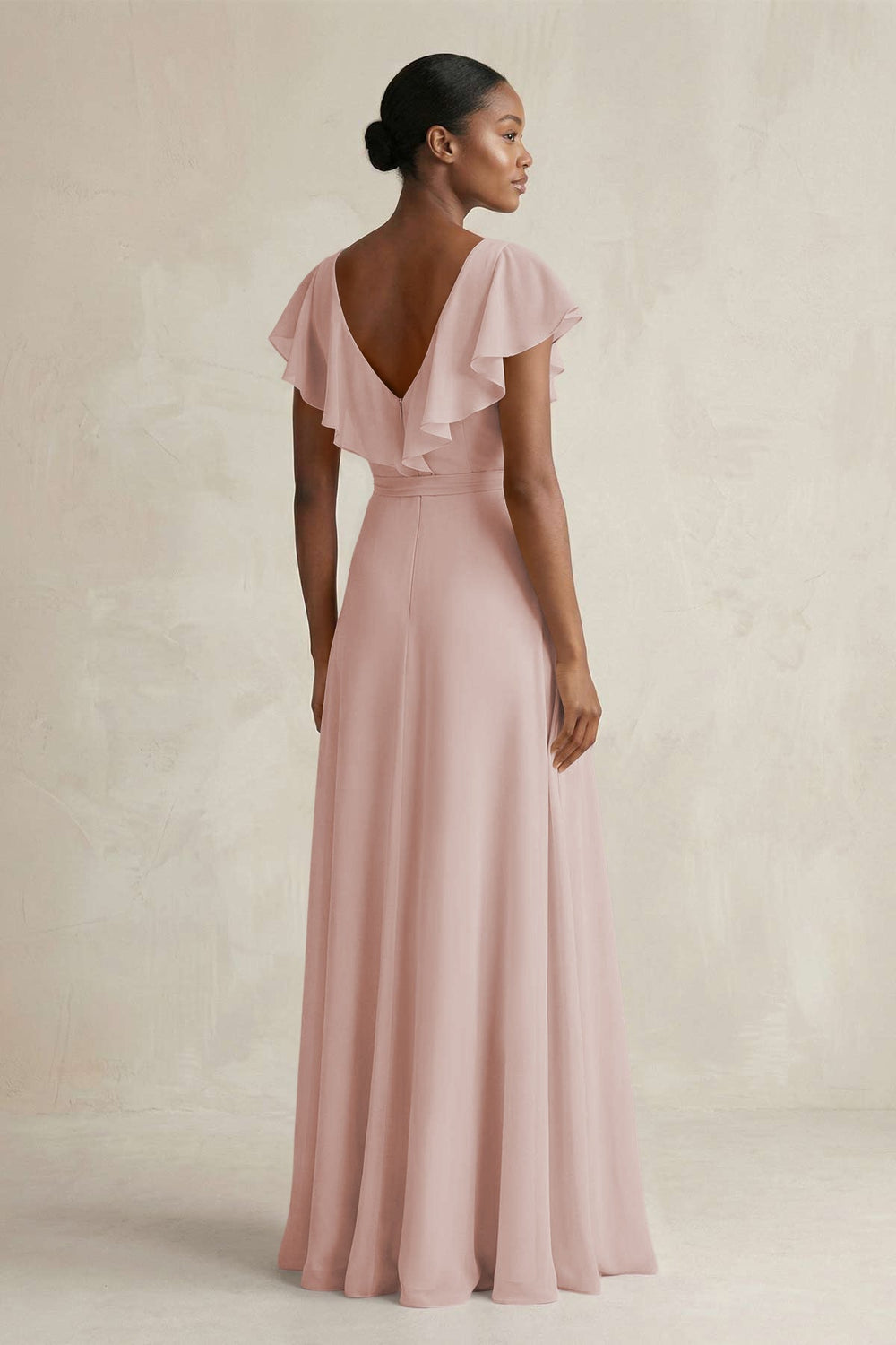 A-Line V-Neck Ruffled Sleeve Chiffon Bridesmaid Dress in Toffee - KISS BRIDAL BRIDESMAID DRESSES