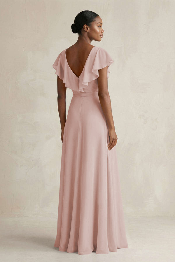 A-Line V-Neck Ruffled Sleeve Chiffon Bridesmaid Dress in Toffee - SHE IS ME BRIDESMAID DRESSES