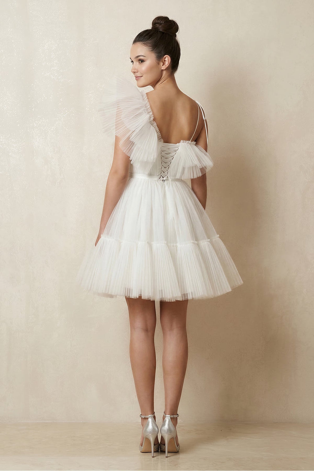 Ruffled Tulle A - Line One - Shoulder Mini Wedding Dress in Ivory - SHE IS ME Wedding Dresses