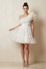 Ruffled Tulle A - Line One - Shoulder Mini Wedding Dress in Ivory - KISS BRIDAL Wedding Dresses
