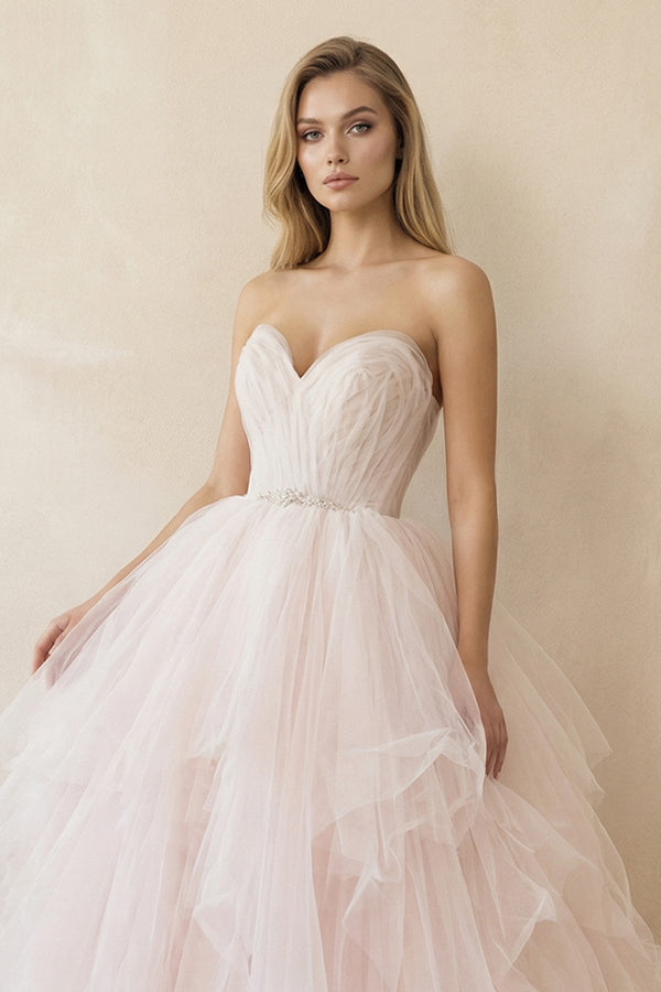 Ruffled Tulle A - Line Sweetheart Ball Gown Wedding Dress in Pink - SHE IS ME Wedding Dresses