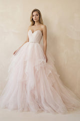 Ruffled Tulle A - Line Sweetheart Ball Gown Wedding Dress in Pink - KISS BRIDAL Wedding Dresses