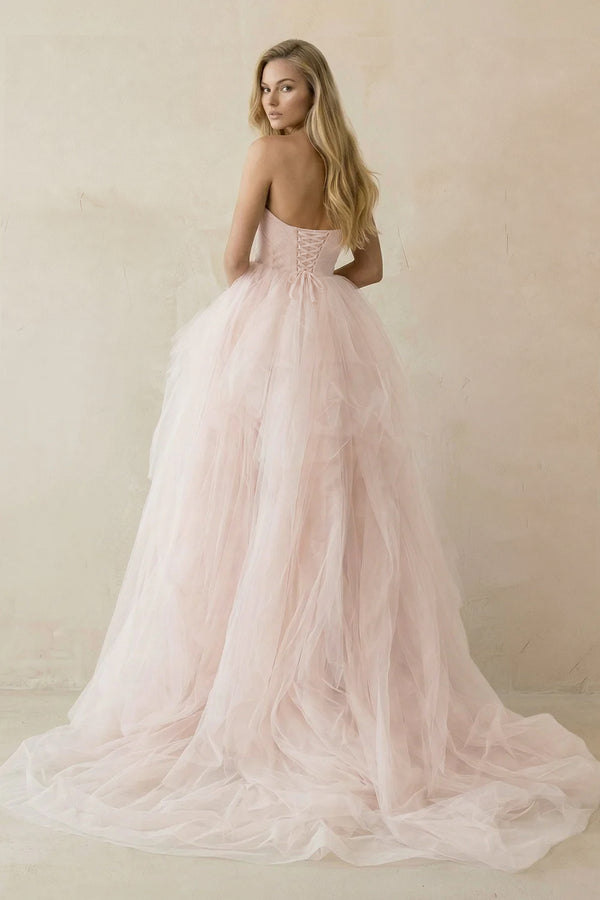 Ruffled Tulle A - Line Sweetheart Ball Gown Wedding Dress in Pink - KISS BRIDAL Wedding Dresses