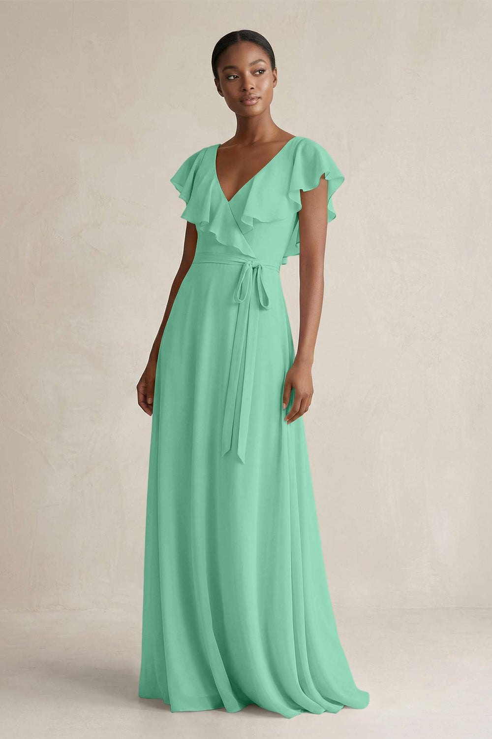 A-Line V-Neck Ruffled Sleeve Chiffon Bridesmaid Dress in Turquoise - KISS BRIDAL BRIDESMAID DRESSES