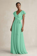 A-Line V-Neck Ruffled Sleeve Chiffon Bridesmaid Dress in Turquoise - SHE IS ME BRIDESMAID DRESSES