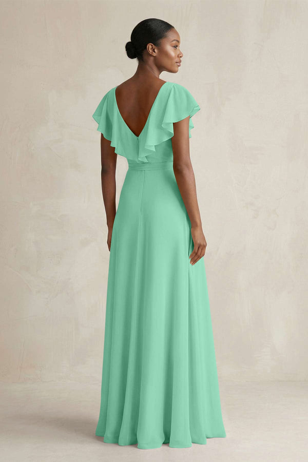 A-Line V-Neck Ruffled Sleeve Chiffon Bridesmaid Dress in Turquoise - SHE IS ME BRIDESMAID DRESSES