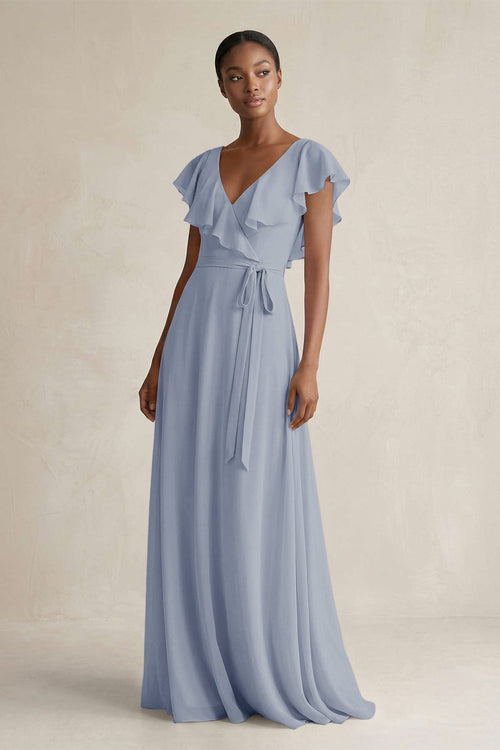 A-Line V-Neck Ruffled Sleeve Chiffon Bridesmaid Dress in Twilight - SHE IS ME BRIDESMAID DRESSES