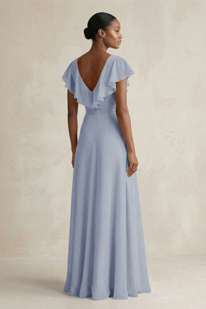 A-Line V-Neck Ruffled Sleeve Chiffon Bridesmaid Dress in Twilight - SHE IS ME BRIDESMAID DRESSES