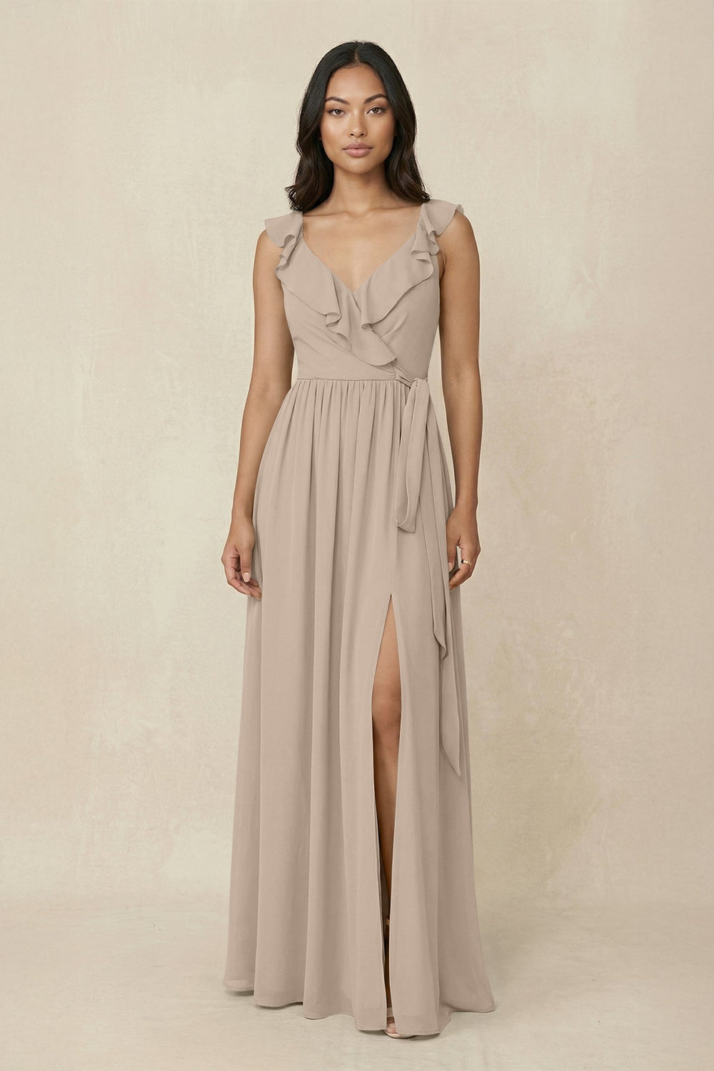 Ruffled V-Neck A-Line Chiffon Bridesmaid Dress in Almond - KISS BRIDAL BRIDESMAID DRESSES