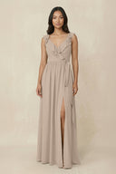 Ruffled V-Neck A-Line Chiffon Bridesmaid Dress in Almond - SHE IS ME BRIDESMAID DRESSES
