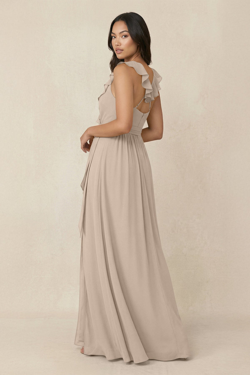 Ruffled V-Neck A-Line Chiffon Bridesmaid Dress in Almond - KISS BRIDAL BRIDESMAID DRESSES