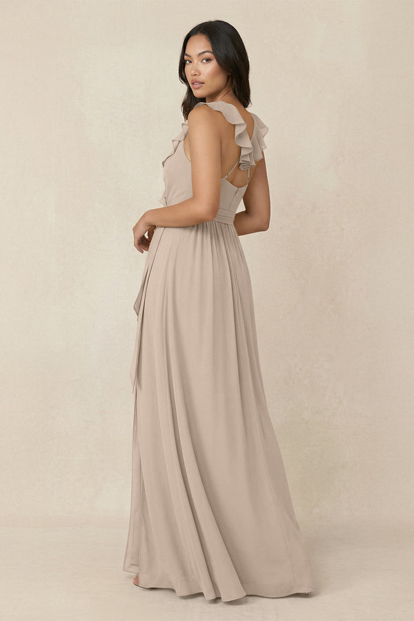 Ruffled V-Neck A-Line Chiffon Bridesmaid Dress in Almond - SHE IS ME BRIDESMAID DRESSES