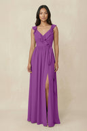 Ruffled V-Neck A-Line Chiffon Bridesmaid Dress in Amethyst - SHE IS ME BRIDESMAID DRESSES