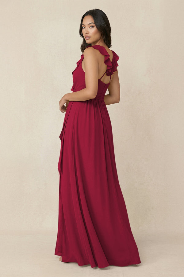 Ruffled V-Neck A-Line Chiffon Bridesmaid Dress in Berry - SHE IS ME BRIDESMAID DRESSES