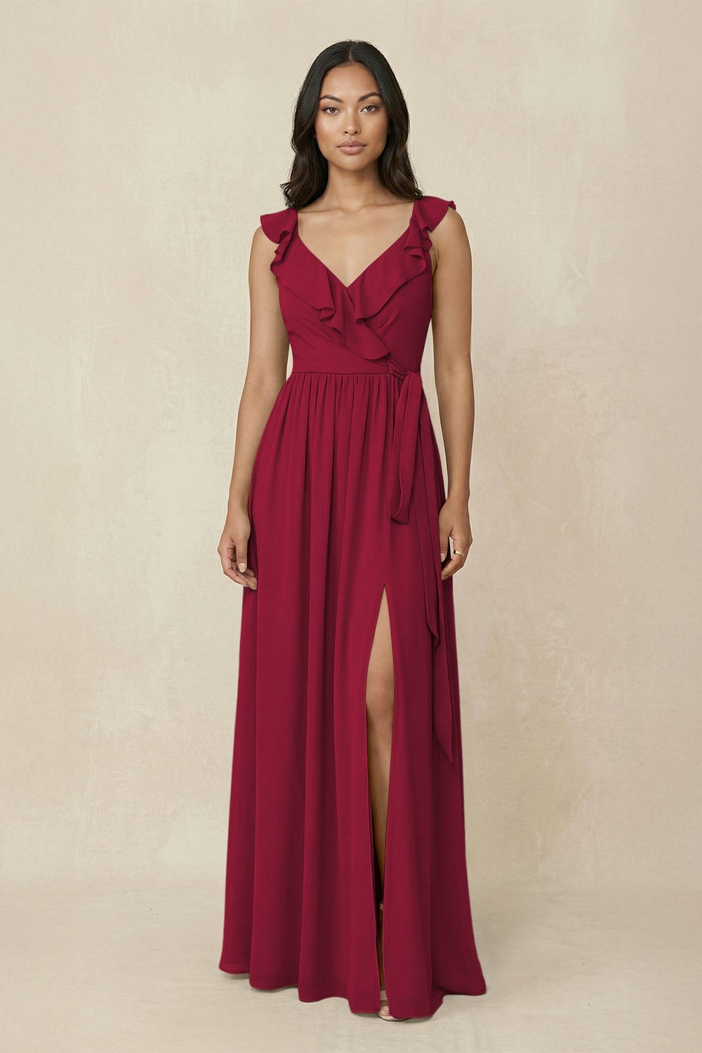 Ruffled V-Neck A-Line Chiffon Bridesmaid Dress in Berry - SHE IS ME BRIDESMAID DRESSES