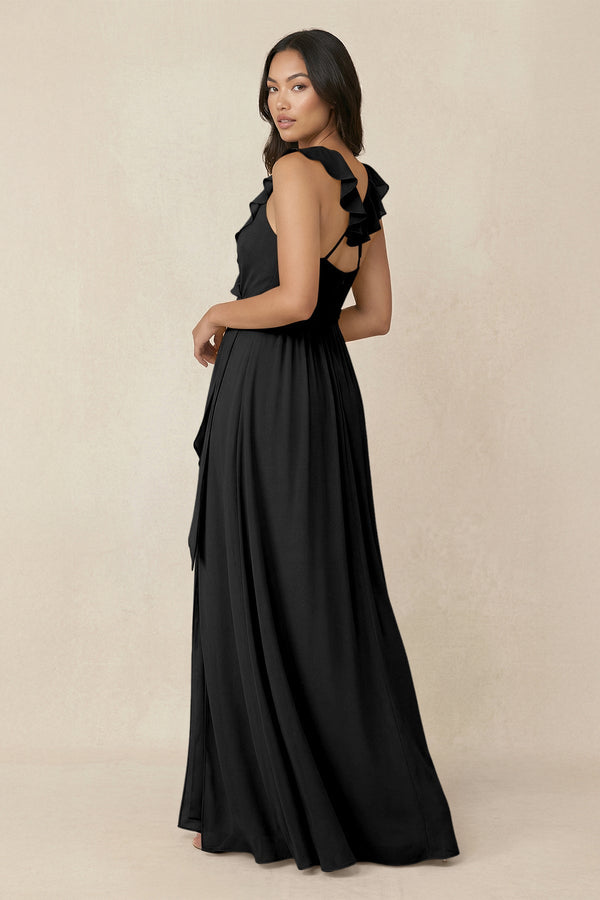 Ruffled V-Neck A-Line Chiffon Bridesmaid Dress in Black - SHE IS ME BRIDESMAID DRESSES