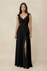 Ruffled V-Neck A-Line Chiffon Bridesmaid Dress in Black - KISS BRIDAL BRIDESMAID DRESSES