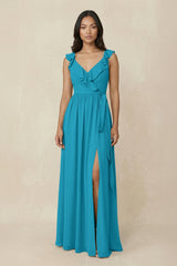 Ruffled V-Neck A-Line Chiffon Bridesmaid Dress in Blue Jay - KISS BRIDAL BRIDESMAID DRESSES