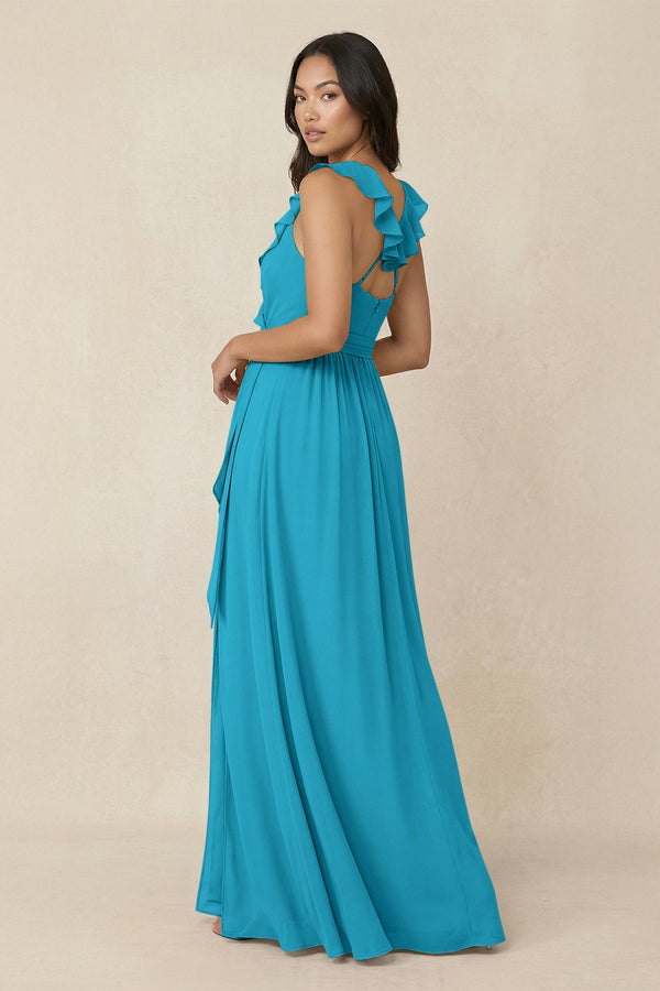 Ruffled V-Neck A-Line Chiffon Bridesmaid Dress in Blue Jay - SHE IS ME BRIDESMAID DRESSES