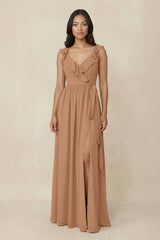 Ruffled V-Neck A-Line Chiffon Bridesmaid Dress in Bronzer - KISS BRIDAL BRIDESMAID DRESSES