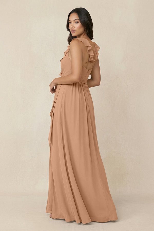 Ruffled V-Neck A-Line Chiffon Bridesmaid Dress in Bronzer - SHE IS ME BRIDESMAID DRESSES