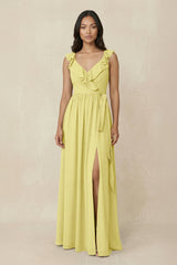 Ruffled V-Neck A-Line Chiffon Bridesmaid Dress in Buttercup - KISS BRIDAL BRIDESMAID DRESSES