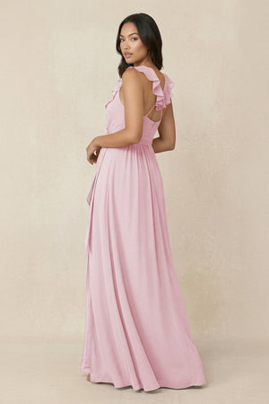 Ruffled V-Neck A-Line Chiffon Bridesmaid Dress in Candy Pink - SHE IS ME BRIDESMAID DRESSES