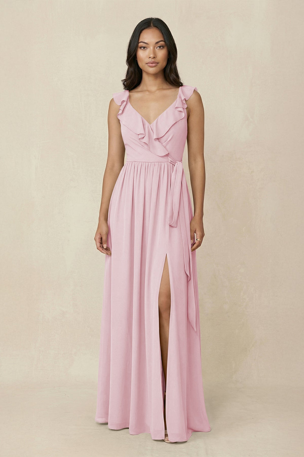 Ruffled V-Neck A-Line Chiffon Bridesmaid Dress in Candy Pink - SHE IS ME BRIDESMAID DRESSES