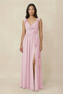 Ruffled V-Neck A-Line Chiffon Bridesmaid Dress in Candy Pink - SHE IS ME BRIDESMAID DRESSES