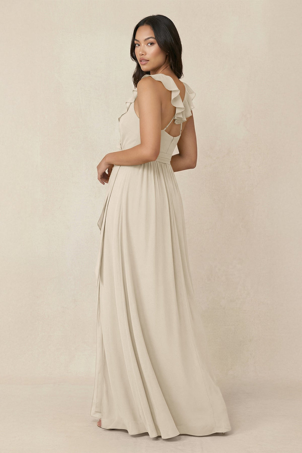 Ruffled V-Neck A-Line Chiffon Bridesmaid Dress in Champagne - KISS BRIDAL BRIDESMAID DRESSES