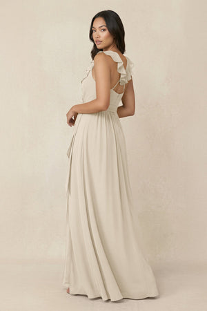 Ruffled V-Neck A-Line Chiffon Bridesmaid Dress in Champagne - SHE IS ME BRIDESMAID DRESSES