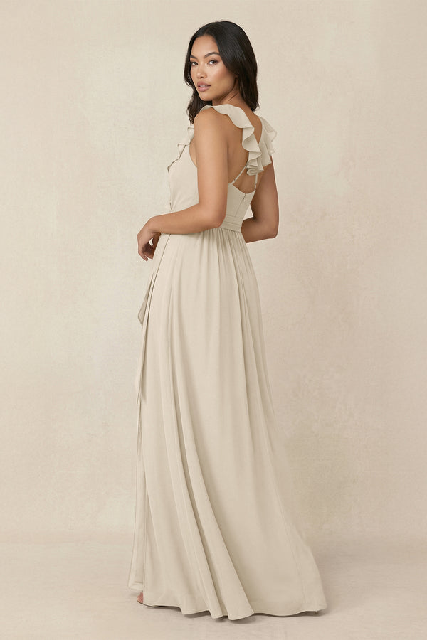 Ruffled V-Neck A-Line Chiffon Bridesmaid Dress in Champagne - SHE IS ME BRIDESMAID DRESSES
