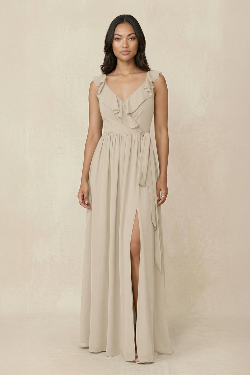 Ruffled V-Neck A-Line Chiffon Bridesmaid Dress in Champagne - KISS BRIDAL BRIDESMAID DRESSES