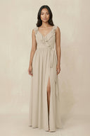 Ruffled V-Neck A-Line Chiffon Bridesmaid Dress in Champagne - SHE IS ME BRIDESMAID DRESSES
