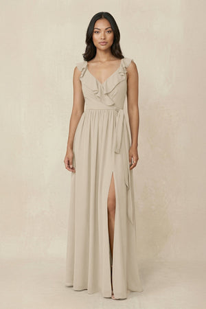 Ruffled V-Neck A-Line Chiffon Bridesmaid Dress in Champagne - SHE IS ME BRIDESMAID DRESSES