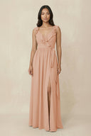 Ruffled V-Neck A-Line Chiffon Bridesmaid Dress in Champagne Rose - SHE IS ME BRIDESMAID DRESSES
