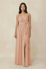 Ruffled V-Neck A-Line Chiffon Bridesmaid Dress in Champagne Rose - KISS BRIDAL BRIDESMAID DRESSES