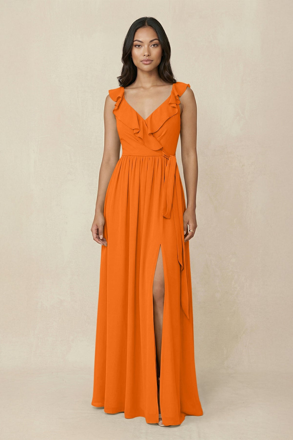 Ruffled V-Neck A-Line Chiffon Bridesmaid Dress in Cinnamon - SHE IS ME BRIDESMAID DRESSES