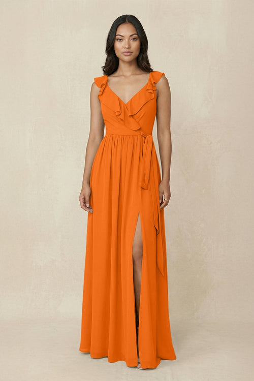 Ruffled V-Neck A-Line Chiffon Bridesmaid Dress in Cinnamon - SHE IS ME BRIDESMAID DRESSES