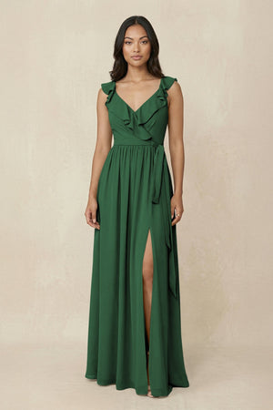 Ruffled V-Neck A-Line Chiffon Bridesmaid Dress in Dark Green - SHE IS ME BRIDESMAID DRESSES