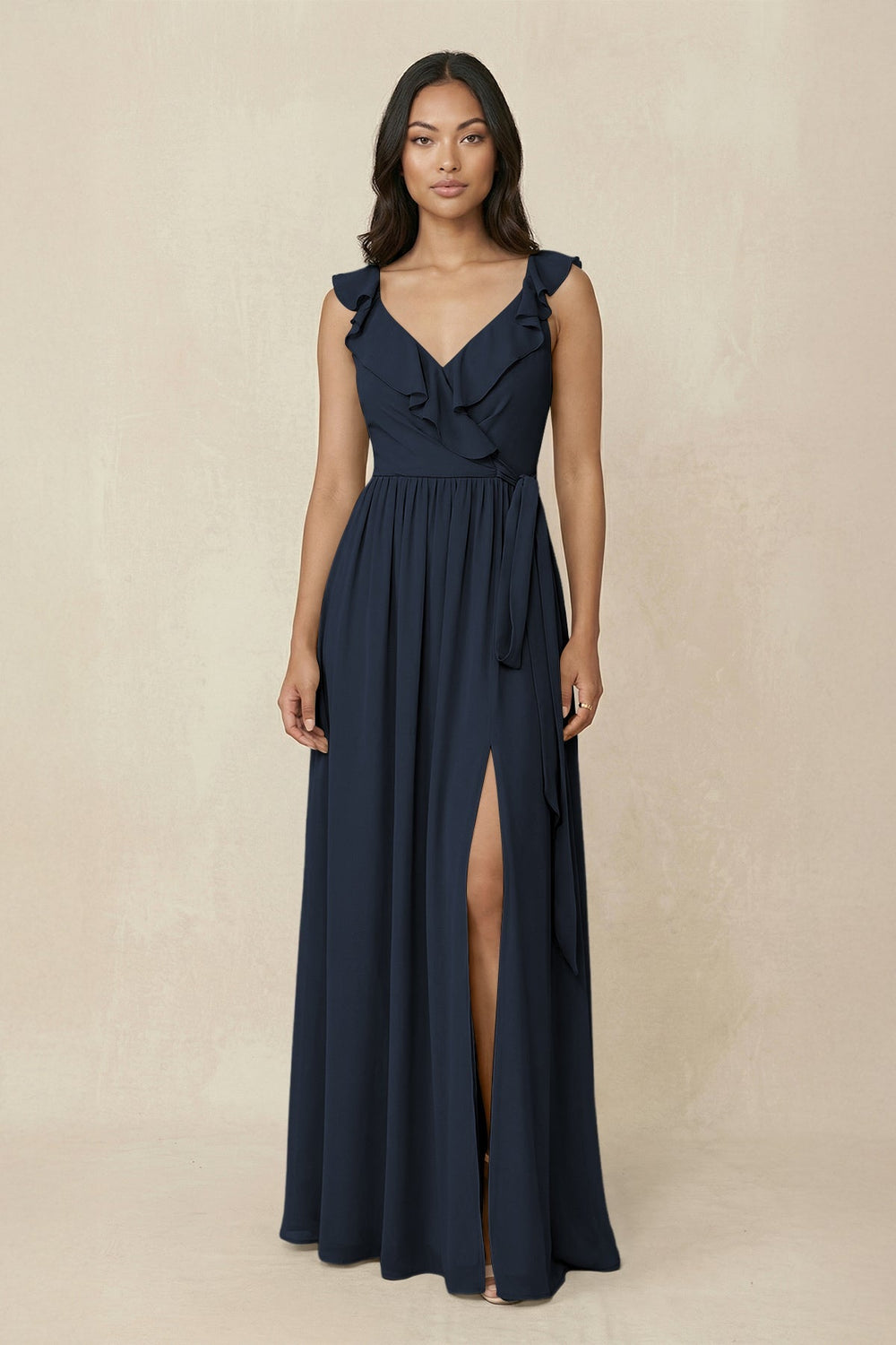 Ruffled V-Neck A-Line Chiffon Bridesmaid Dress in Dark Navy - SHE IS ME BRIDESMAID DRESSES