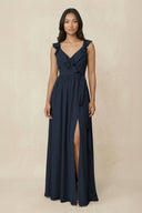 Ruffled V-Neck A-Line Chiffon Bridesmaid Dress in Dark Navy - SHE IS ME BRIDESMAID DRESSES