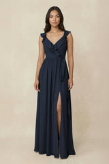 Ruffled V-Neck A-Line Chiffon Bridesmaid Dress in Dark Navy - KISS BRIDAL BRIDESMAID DRESSES