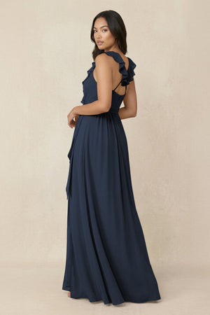 Ruffled V-Neck A-Line Chiffon Bridesmaid Dress in Dark Navy - SHE IS ME BRIDESMAID DRESSES