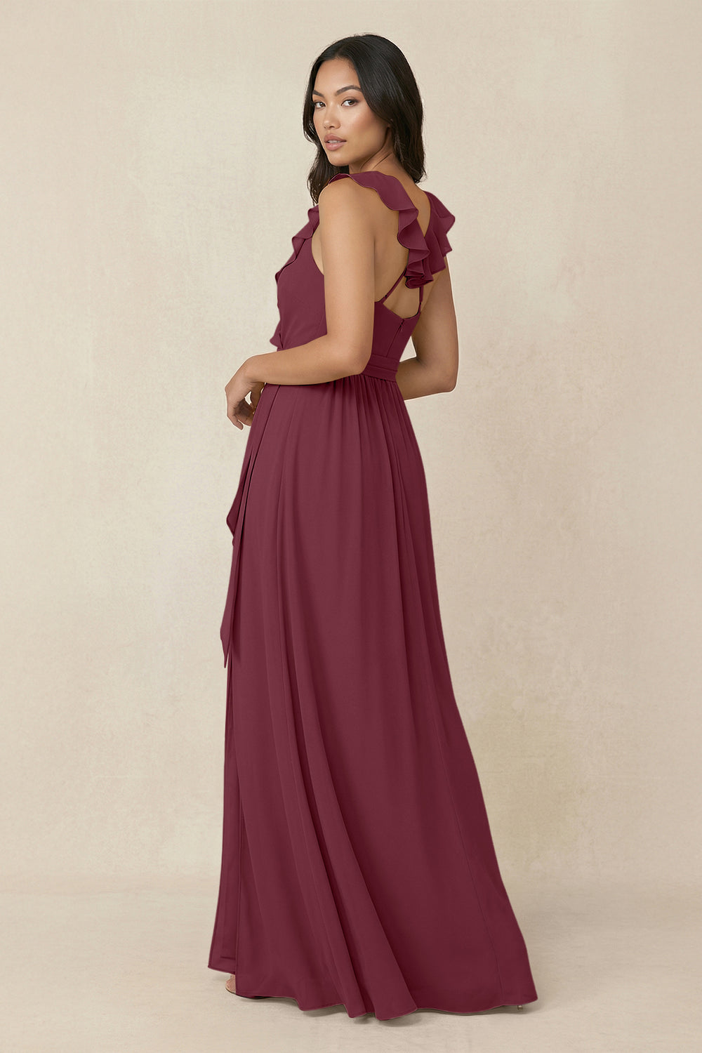 Ruffled V-Neck A-Line Chiffon Bridesmaid Dress in Desert Rose