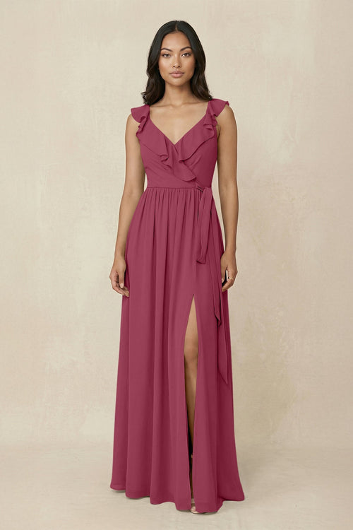 Ruffled V-Neck A-Line Chiffon Bridesmaid Dress in Desert Rose - SHE IS ME BRIDESMAID DRESSES