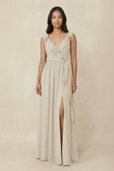 Ruffled V-Neck A-Line Chiffon Bridesmaid Dress in Dove Gray - KISS BRIDAL BRIDESMAID DRESSES