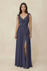 Ruffled V-Neck A-Line Chiffon Bridesmaid Dress in Dusk Blue - KISS BRIDAL BRIDESMAID DRESSES